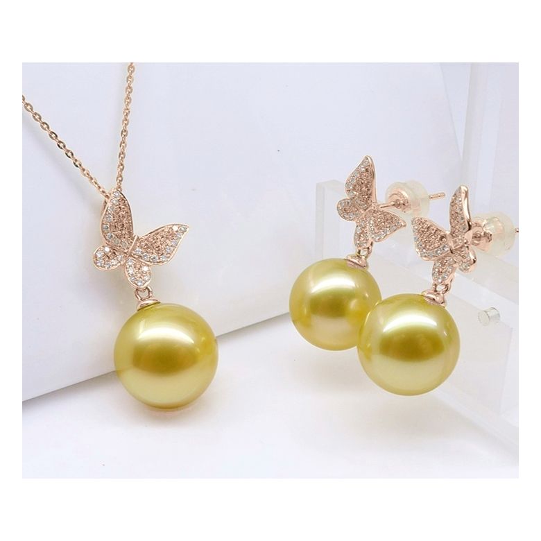 Ciondolo Farfalla Allegra - Oro Rosa, Diamanti & Perla dei Mari del Sud Dorata - 2