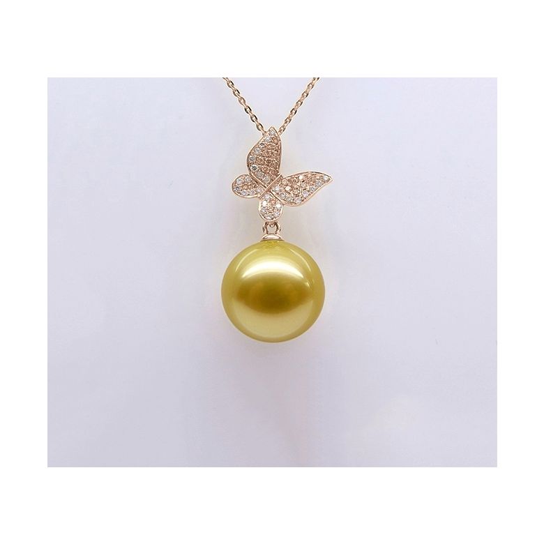 Ciondolo Farfalla Allegra - Oro Rosa, Diamanti & Perla dei Mari del Sud Dorata - 6