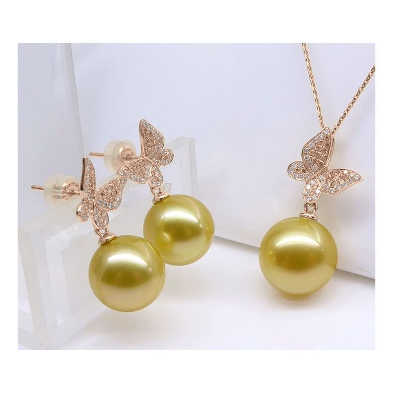 Ciondolo Farfalla Allegra - Oro Rosa, Diamanti & Perla dei Mari del Sud Dorata - 8