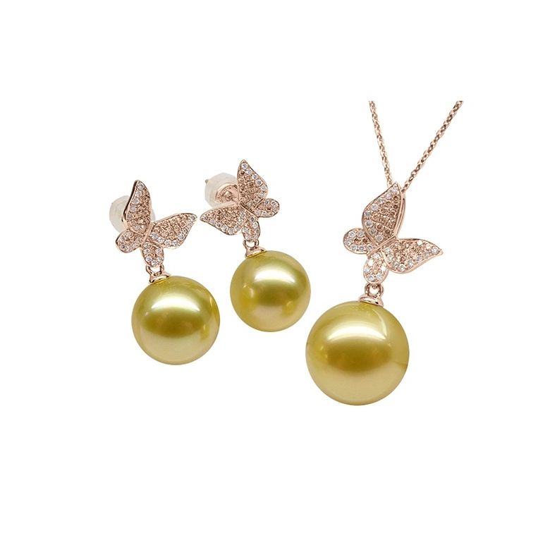 Ciondolo Farfalla Allegra - Oro Rosa, Diamanti & Perla dei Mari del Sud Dorata - 9