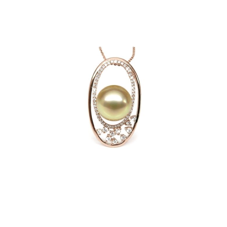Ciondolo Ellisse - Oro Rosa, Diamanti & Perla dei Mari del Sud Dorata - 1