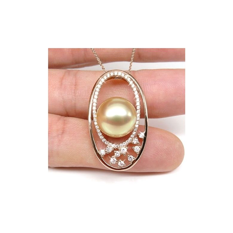 Ciondolo Ellisse - Oro Rosa, Diamanti & Perla dei Mari del Sud Dorata - 2