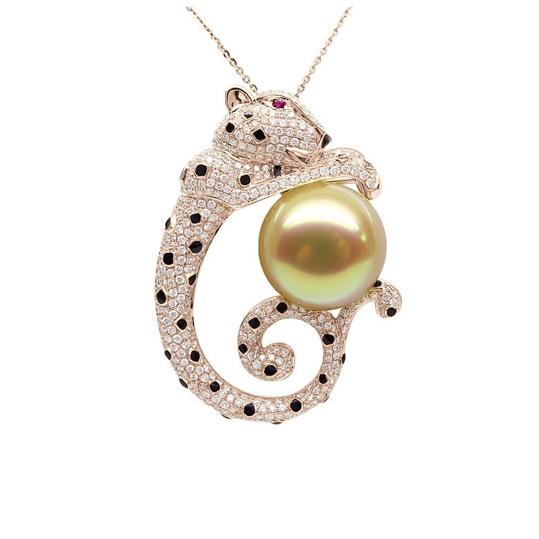 Ciondolo Leopardo oro rosa - Perla d'Australia dorata, diamanti e zaffiri - 1