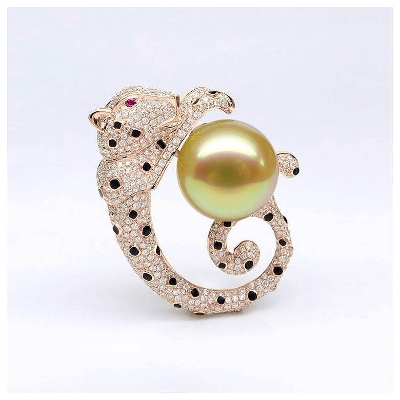 Ciondolo Leopardo oro rosa - Perla d'Australia dorata, diamanti e zaffiri - 7