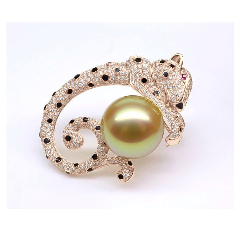 Ciondolo Leopardo oro rosa - Perla d'Australia dorata, diamanti e zaffiri - 8