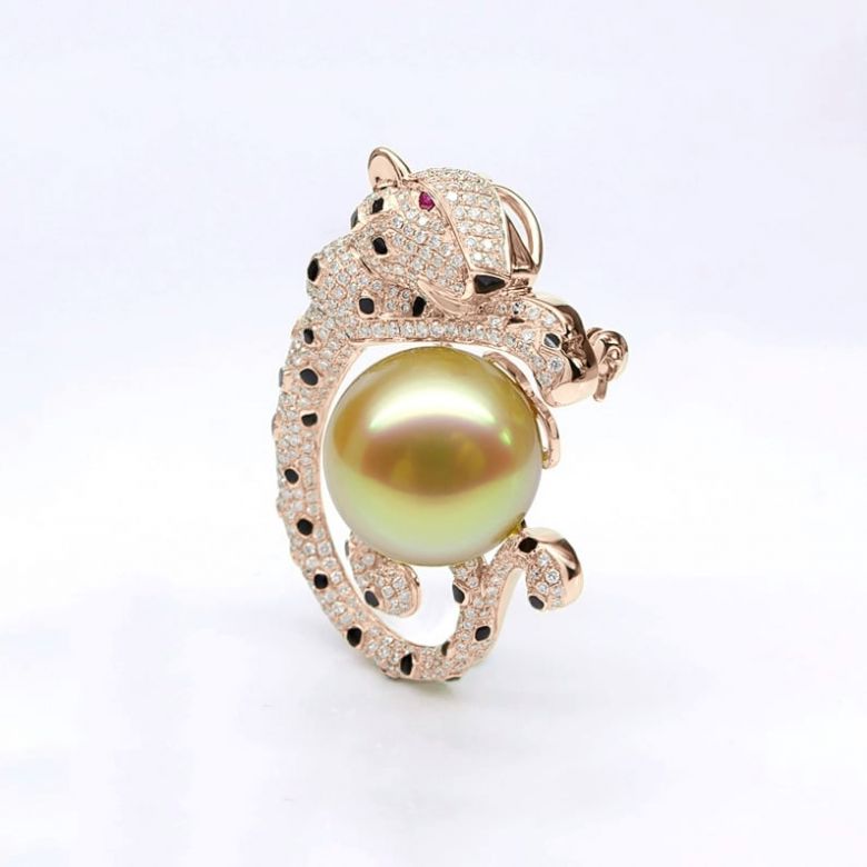 Ciondolo Leopardo oro rosa - Perla d'Australia dorata, diamanti e zaffiri - 9