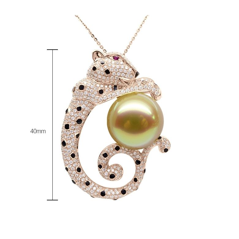 Ciondolo Leopardo oro rosa - Perla d'Australia dorata, diamanti e zaffiri - 11