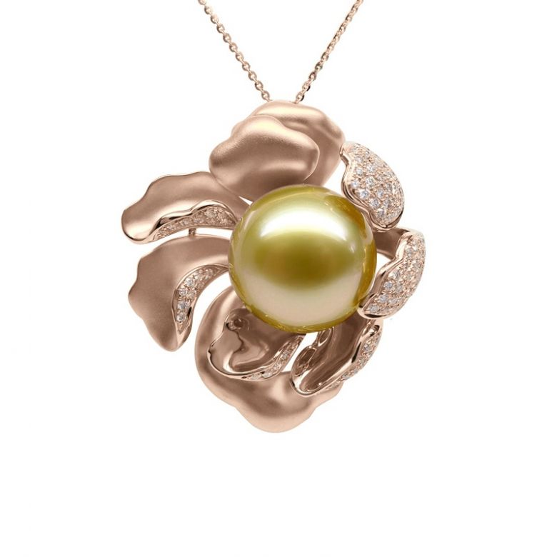 Ciondolo Peonia. Oro Rosa e Perla d'Australia - 1