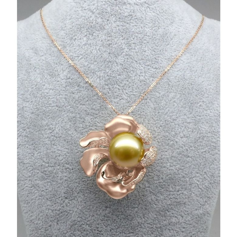 Ciondolo Peonia. Oro Rosa e Perla d'Australia - 3