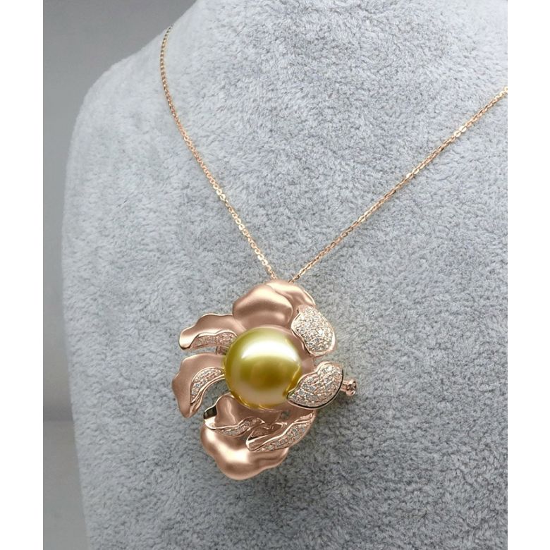 Ciondolo Peonia. Oro Rosa e Perla d'Australia - 6