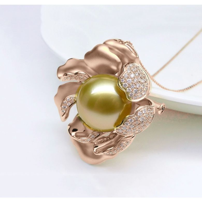 Ciondolo Peonia. Oro Rosa e Perla d'Australia - 8