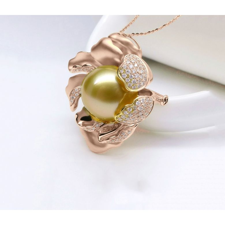 Ciondolo Peonia. Oro Rosa e Perla d'Australia - 10