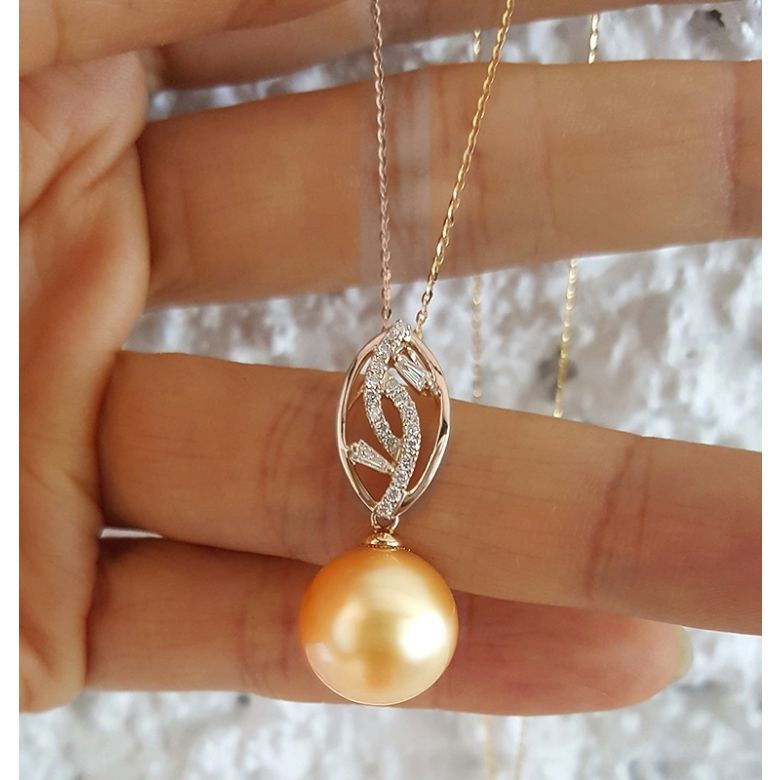 Ciondolo Feuilles d'Or - Oro Rosa, Diamanti & Perla dei Mari del Sud Dorata - 3