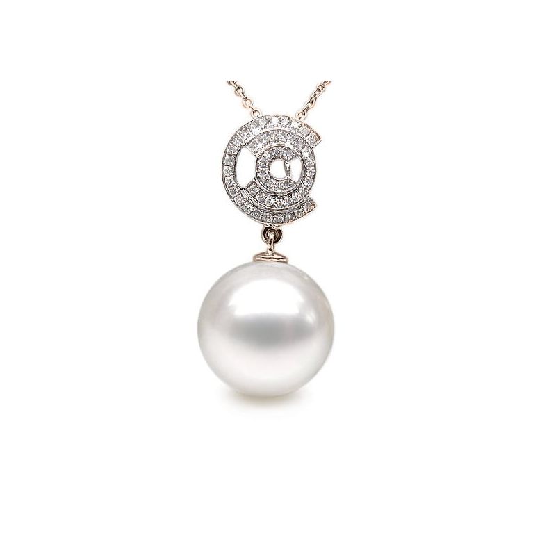 Ciondolo oro rosa, diamanti - Perla Australiana bianca - 13/14mm - 1