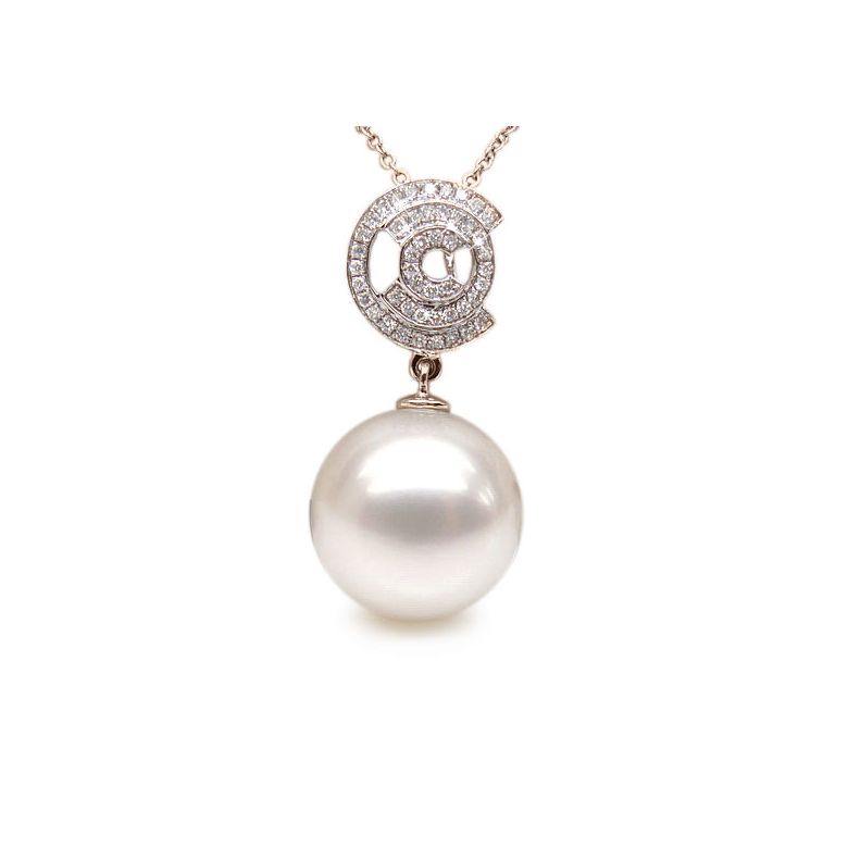 Ciondolo oro rosa, diamanti - Perla Australiana bianca - 13/14mm - 2