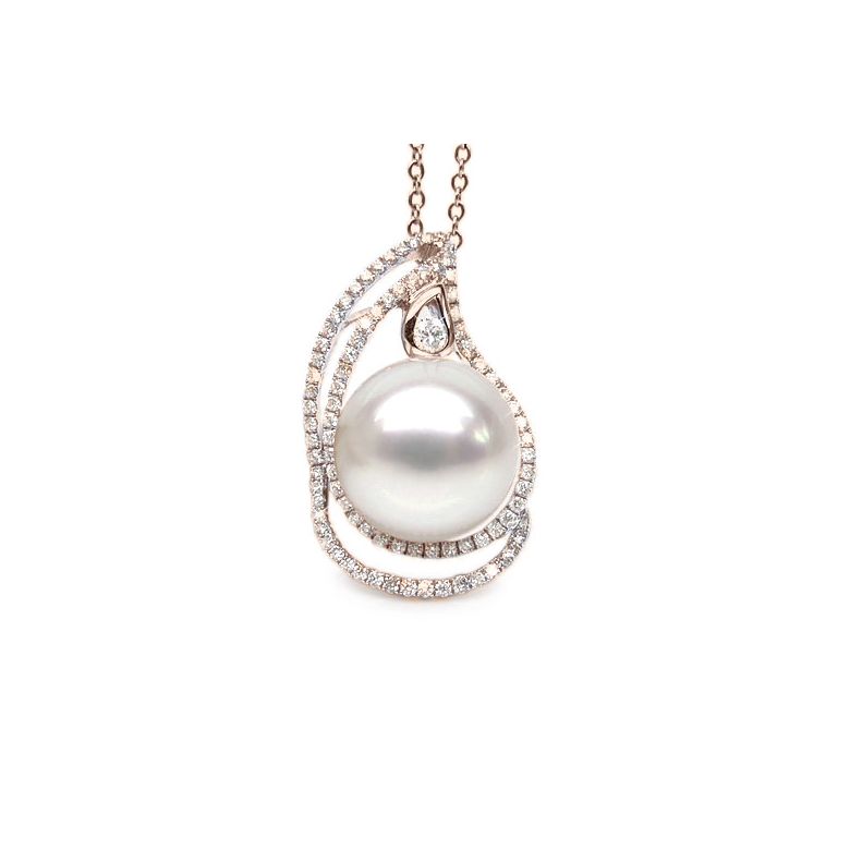 Ciondolo goccia oro rosa, diamanti - Perla d’Australia bianca - 10/11mm - 1
