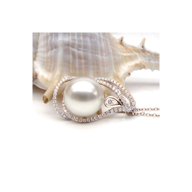 Ciondolo goccia oro rosa, diamanti - Perla d’Australia bianca - 10/11mm - 5