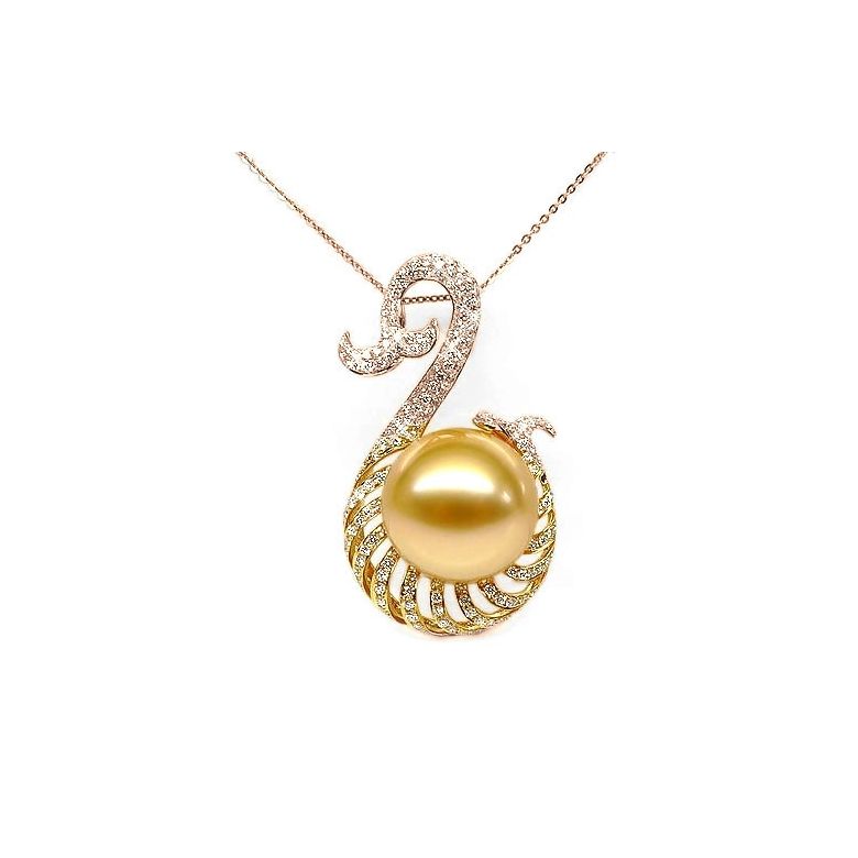 Ciondolo oro rosa, diamanti - Perla d'Australia dorata - 12/13mm - 1