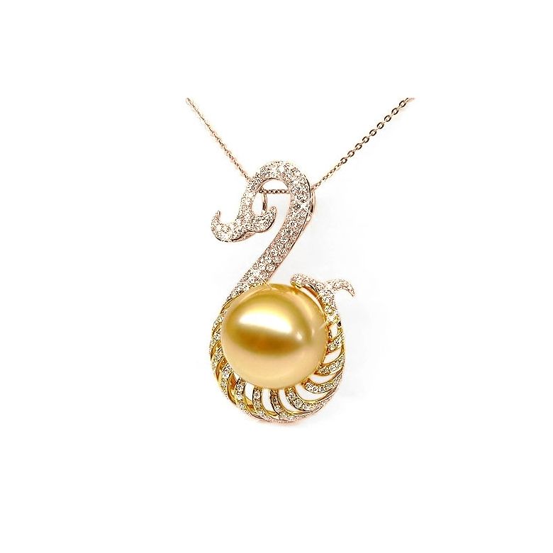 Ciondolo oro rosa, diamanti - Perla d'Australia dorata - 12/13mm - 2