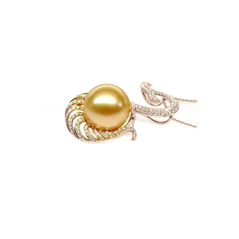 Ciondolo oro rosa, diamanti - Perla d'Australia dorata - 12/13mm - 3