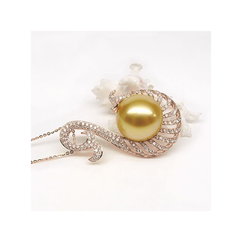Ciondolo oro rosa, diamanti - Perla d'Australia dorata - 12/13mm - 6