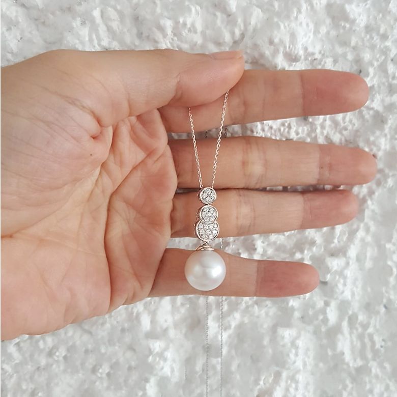 Ciondolo oro rosa, diamanti -  Perla d'Australia bianca - 12/13mm - 5