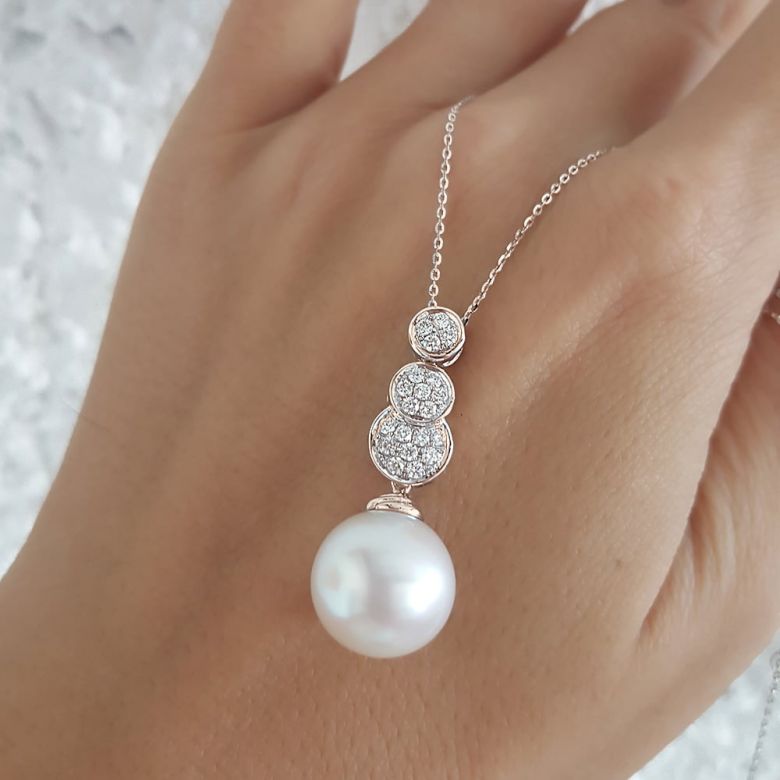 Ciondolo oro rosa, diamanti -  Perla d'Australia bianca - 12/13mm - 6