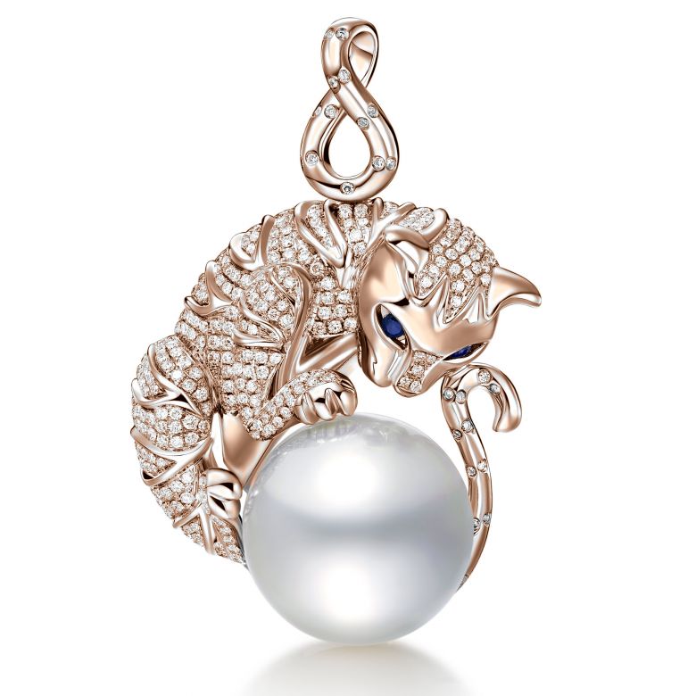 Ciondolo gatto oro rosa, diamanti - Perla d'Australia bianca - 16/17mm - 2