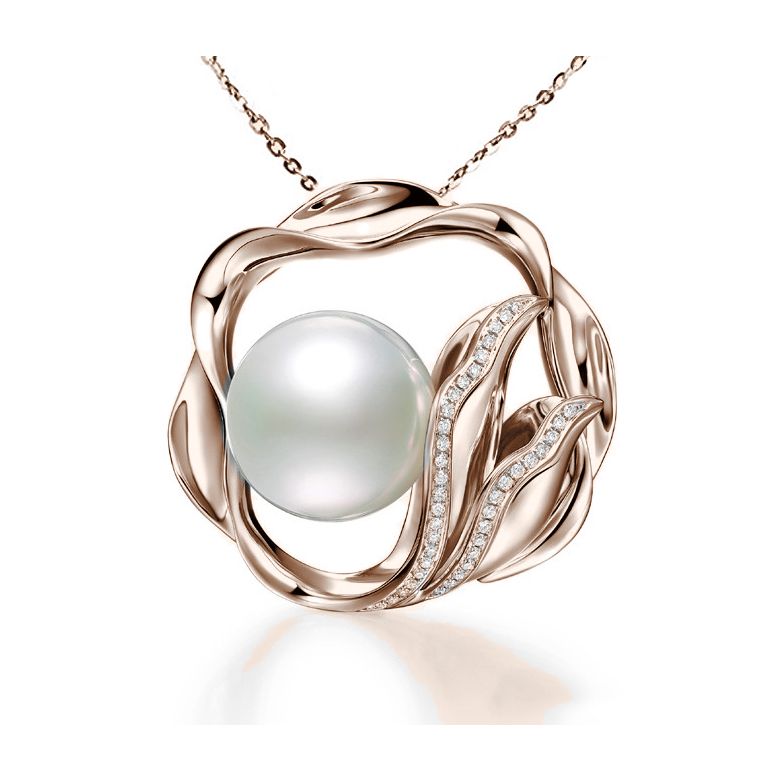 Ciondolo fiore di loto - Perla d'Australia bianca - Oro rosa e diamanti - 1