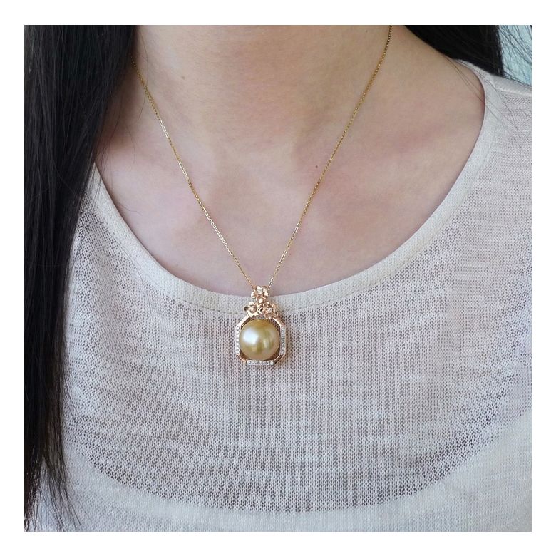 Ciondolo parfum précieux -  Oro rosa & diamanti - Perle dorata - 2
