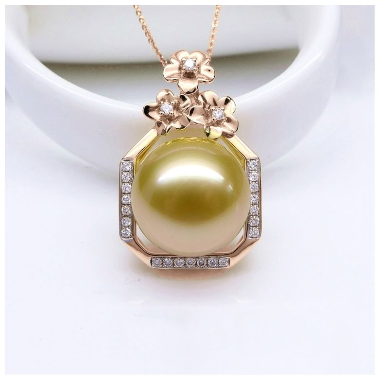 Ciondolo parfum précieux -  Oro rosa & diamanti - Perle dorata - 7