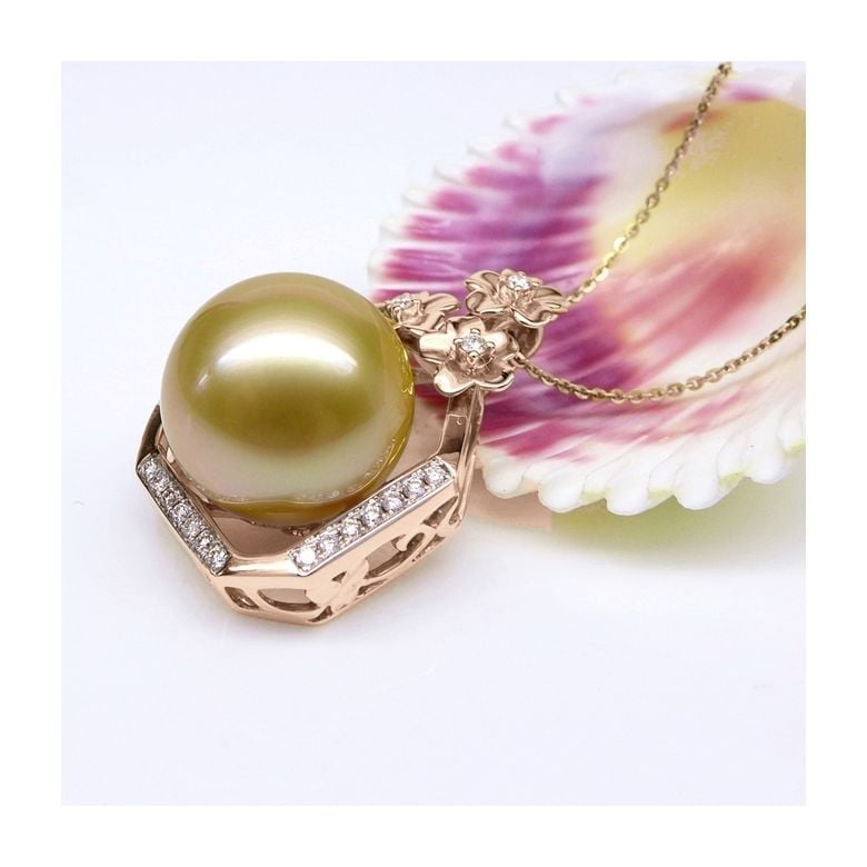 Ciondolo parfum précieux -  Oro rosa & diamanti - Perle dorata - 8