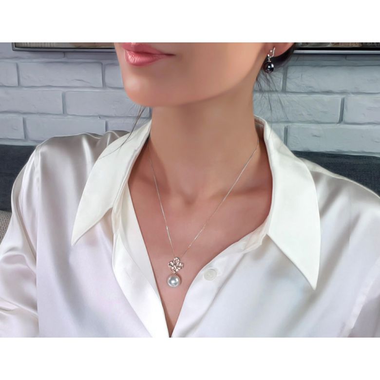 Ciondolo fiocco oro bianco - Perla d’Australia bianca - 12/13mm - 1