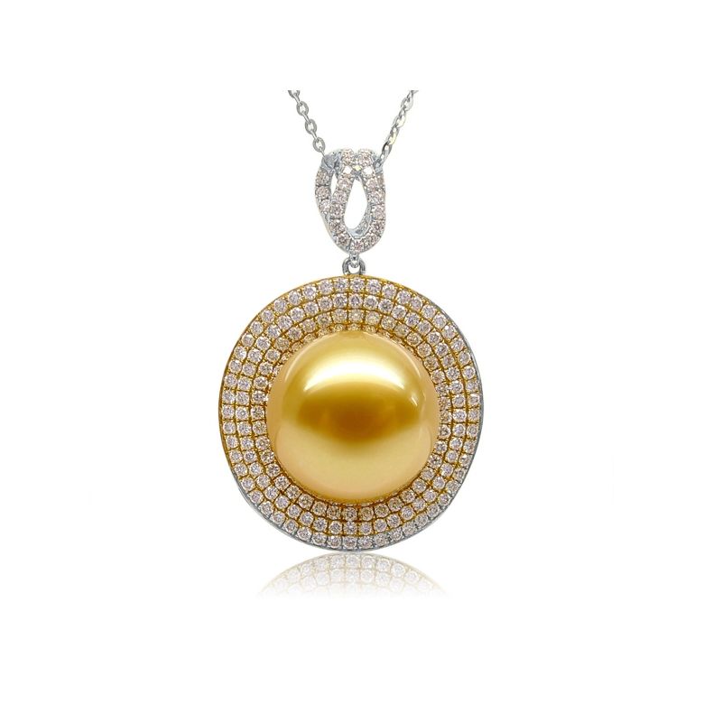 Ciondolo altissima gioielleria. Oro bianco, perla dorata e diamanti - 1