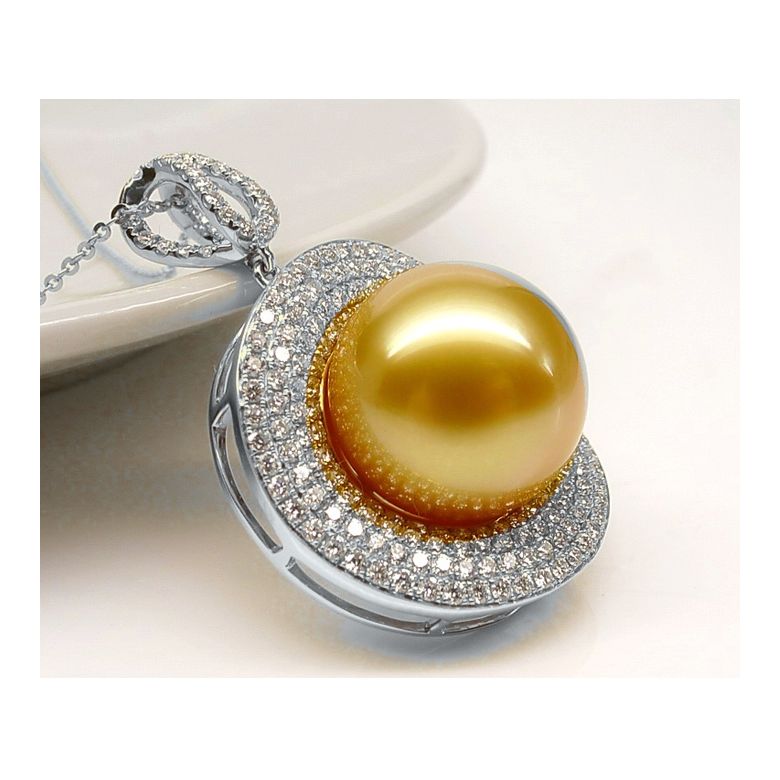 Ciondolo altissima gioielleria. Oro bianco, perla dorata e diamanti - 2