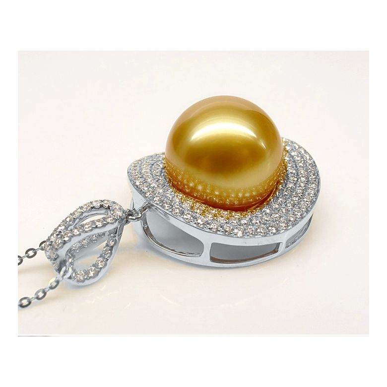 Ciondolo altissima gioielleria. Oro bianco, perla dorata e diamanti - 4