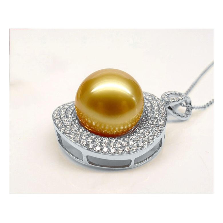 Ciondolo altissima gioielleria. Oro bianco, perla dorata e diamanti - 5