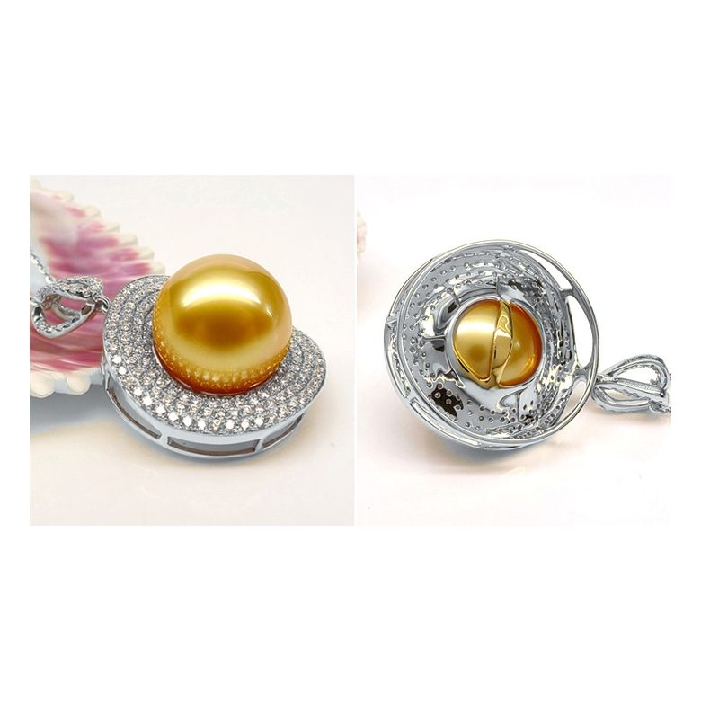 Ciondolo altissima gioielleria. Oro bianco, perla dorata e diamanti - 6