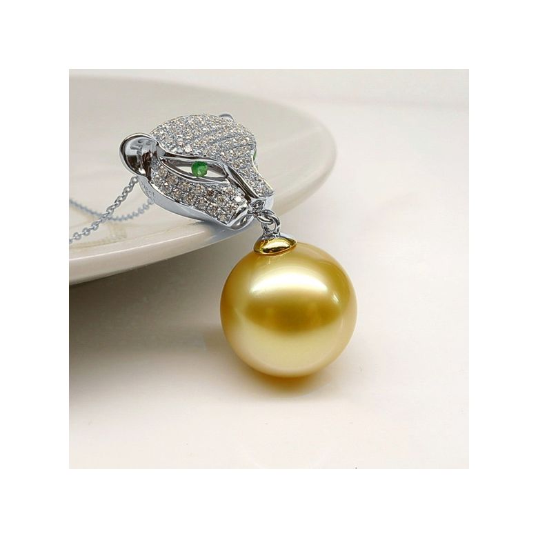 Ciondolo Pantera Perla Australia dorata. Oro bianco e Diamanti - 2