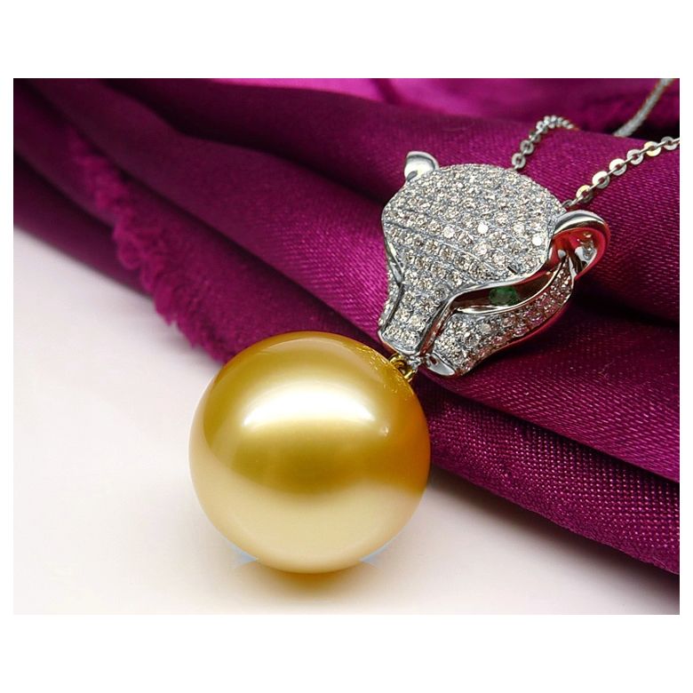 Ciondolo Pantera Perla Australia dorata. Oro bianco e Diamanti - 4