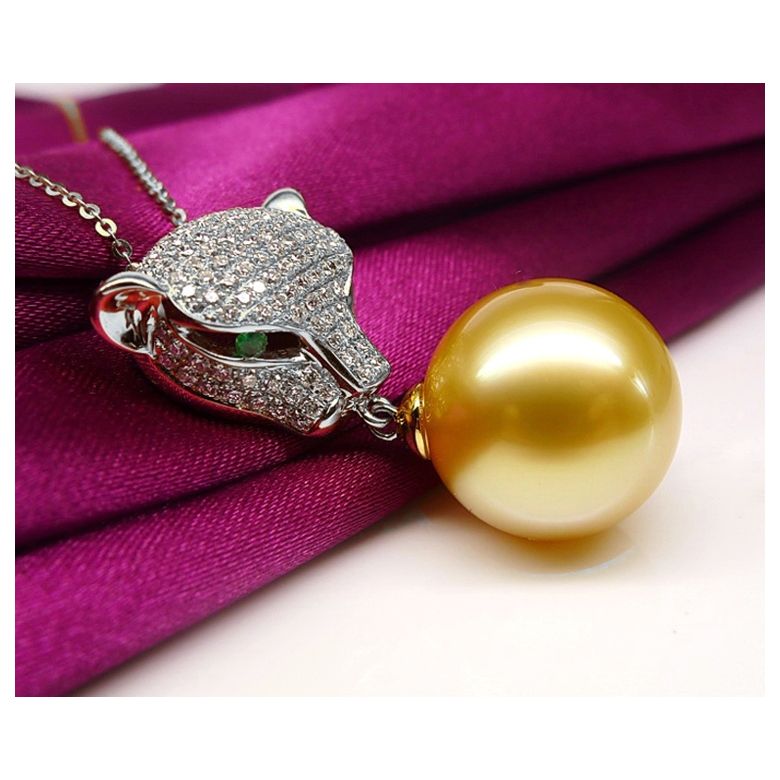 Ciondolo Pantera Perla Australia dorata. Oro bianco e Diamanti - 5