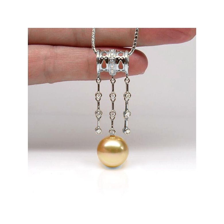Ciondolo Lusso Etnico - Oro Bianco, Diamanti & Perla dei Mari del Sud Dorata - 2