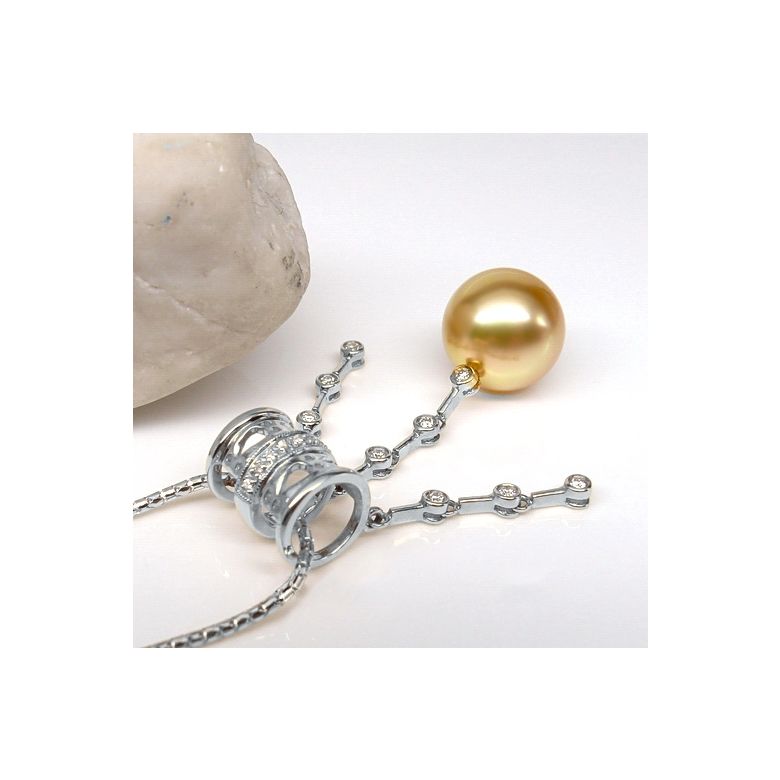 Ciondolo Lusso Etnico - Oro Bianco, Diamanti & Perla dei Mari del Sud Dorata - 4