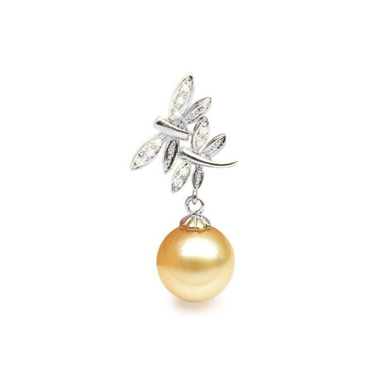 Ciondolo Libellule - Oro Bianco, Diamanti & Perla Gold dei Mari del Sud - 1