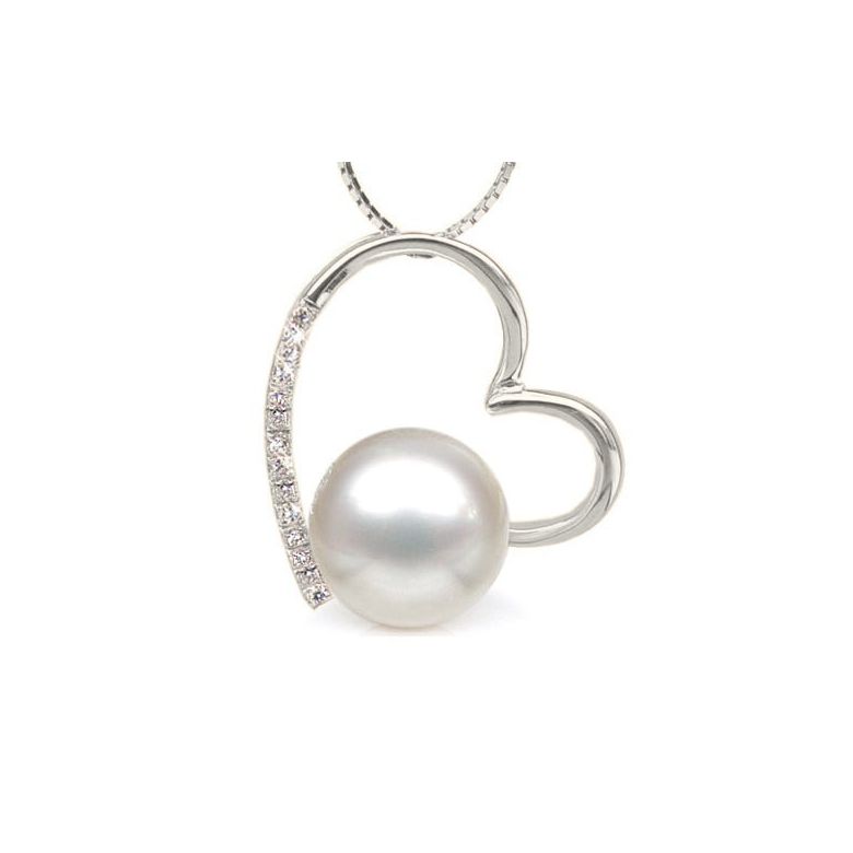 Ciondolo cuore oro bianco, diamanti - Perla d’Australia bianca - 9/10mm - 1