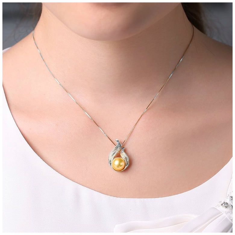 Ciondolo Dolcezza Vegetale - Oro Bianco, Diamanti & Perla Gold dei Mari del Sud - 2