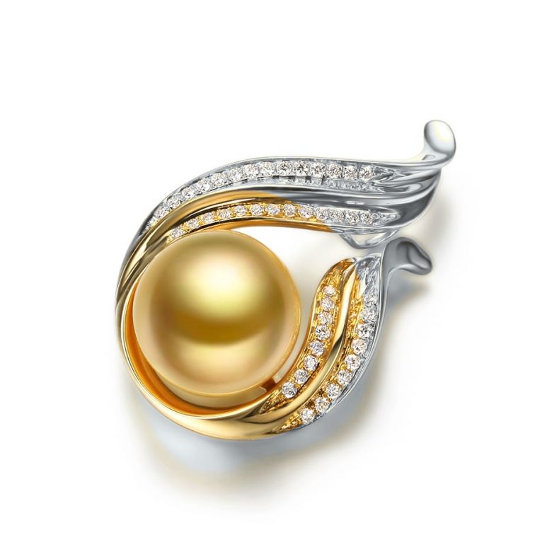 Ciondolo Dolcezza Vegetale - Oro Bianco, Diamanti & Perla Gold dei Mari del Sud - 3