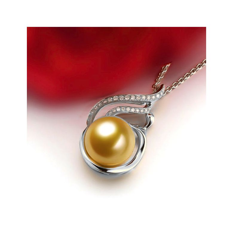 Ciondolo Dolcezza Vegetale - Oro Bianco, Diamanti & Perla dei Mari del Sud Dorata - 2