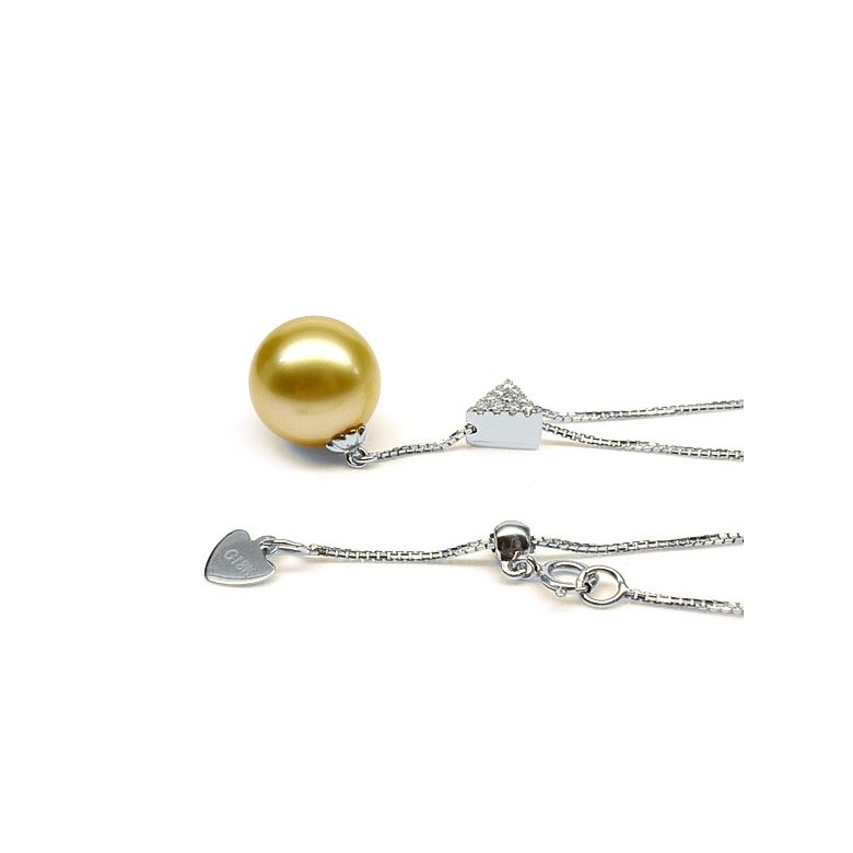 Ciondolo pendente in oro bianco e diamanti - Perla dorata australiana - 8