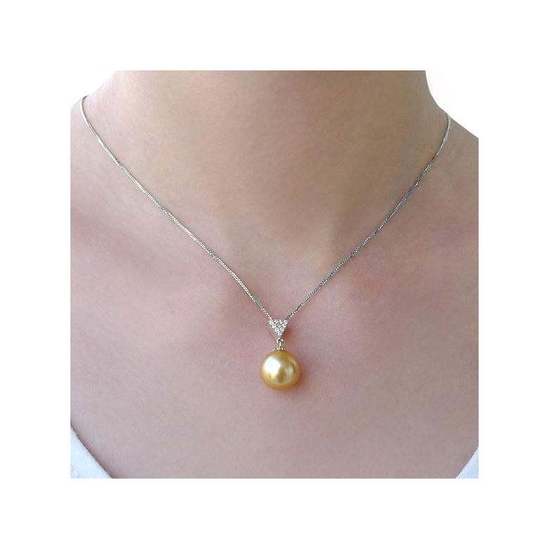 Ciondolo pendente in oro bianco e diamanti - Perla dorata australiana - 4